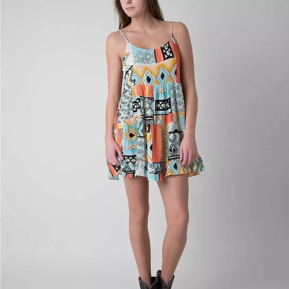 Billabong Multicolor Geometric Print Mini Dress - Aqua, Orange, Black